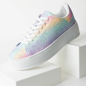 J. Adams Glitter Platform Sneakers Women Size 10 Rainbow Sparkle Lace-Up